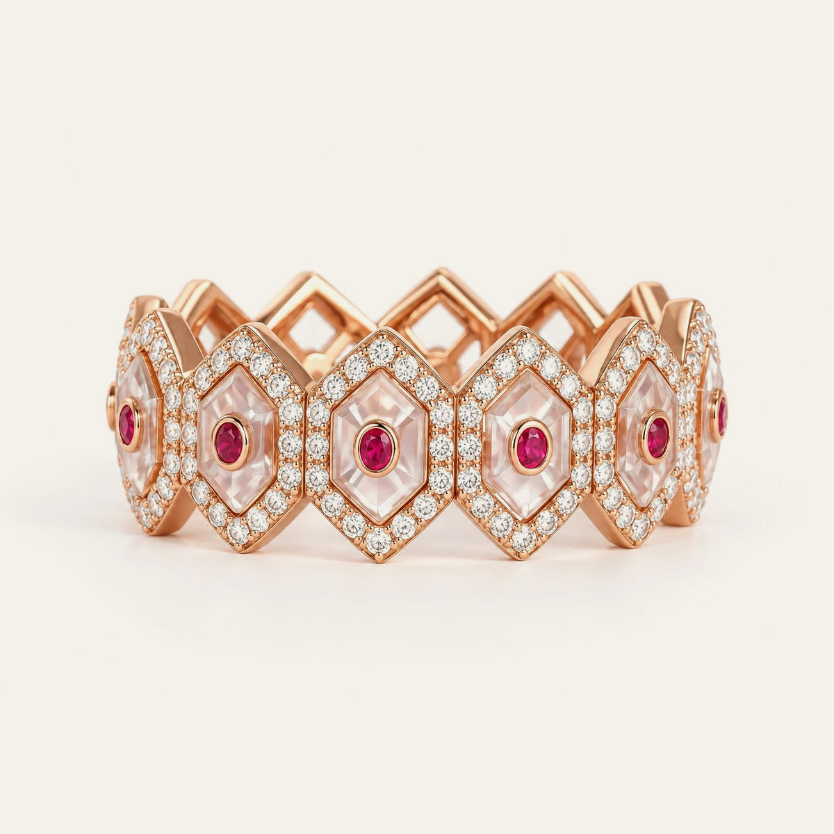 Crystal Prisme Eternity Band Ring in 18K rose gold with rubies, crystal and diamonds