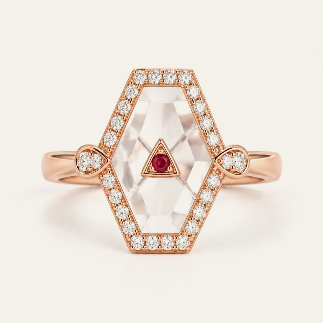 Crystal Prisme Statement Ring in 18K rose gold with rubies, crystal and diamonds