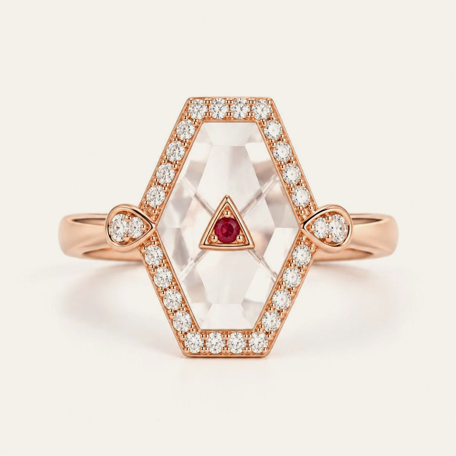 Crystal Prisme Statement Ring in 18K rose gold with rubies, crystal and diamonds