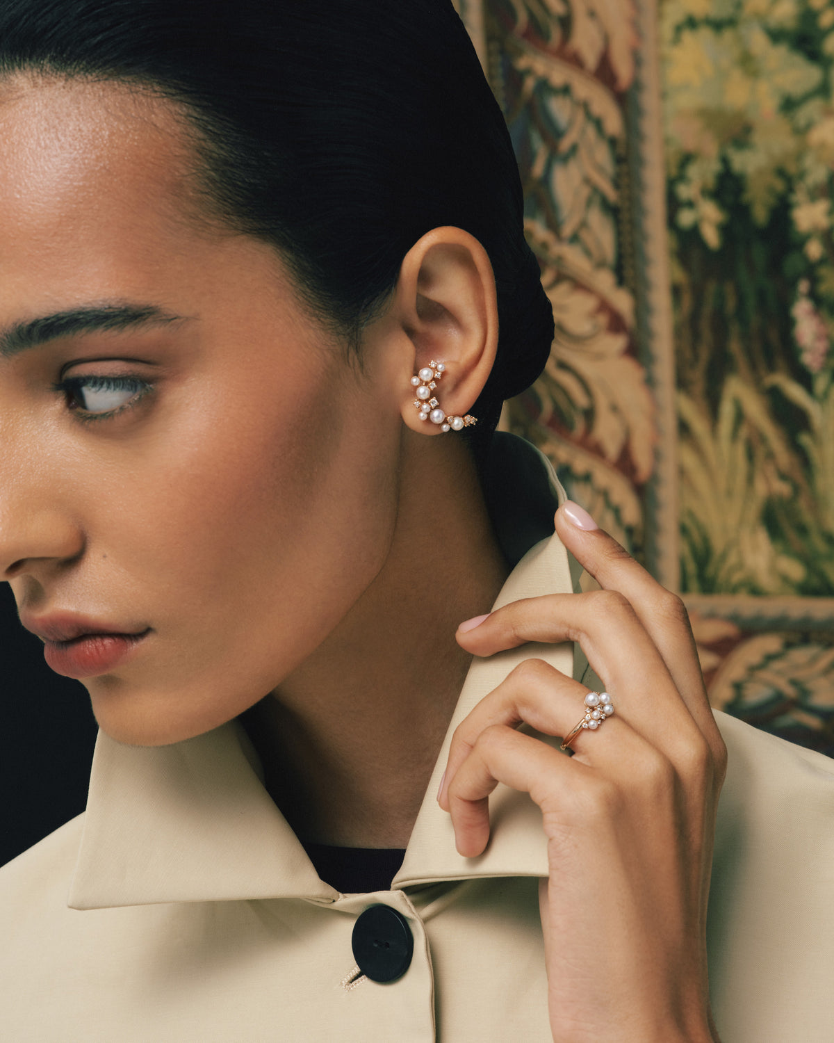 Pearl C-Shape Earrings, worn