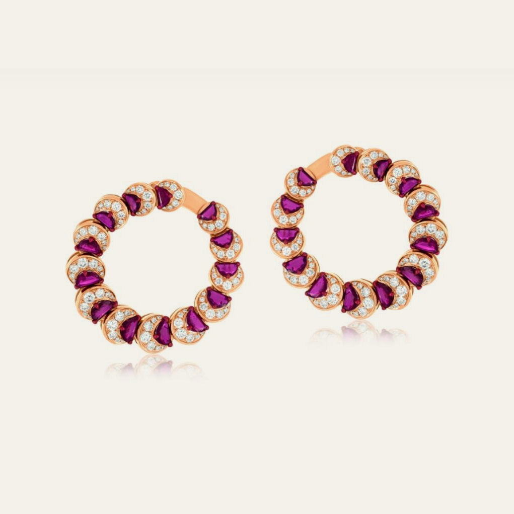 Ruby Crescent Hoop Earrings in 18K rose gold with rubies and diamonds