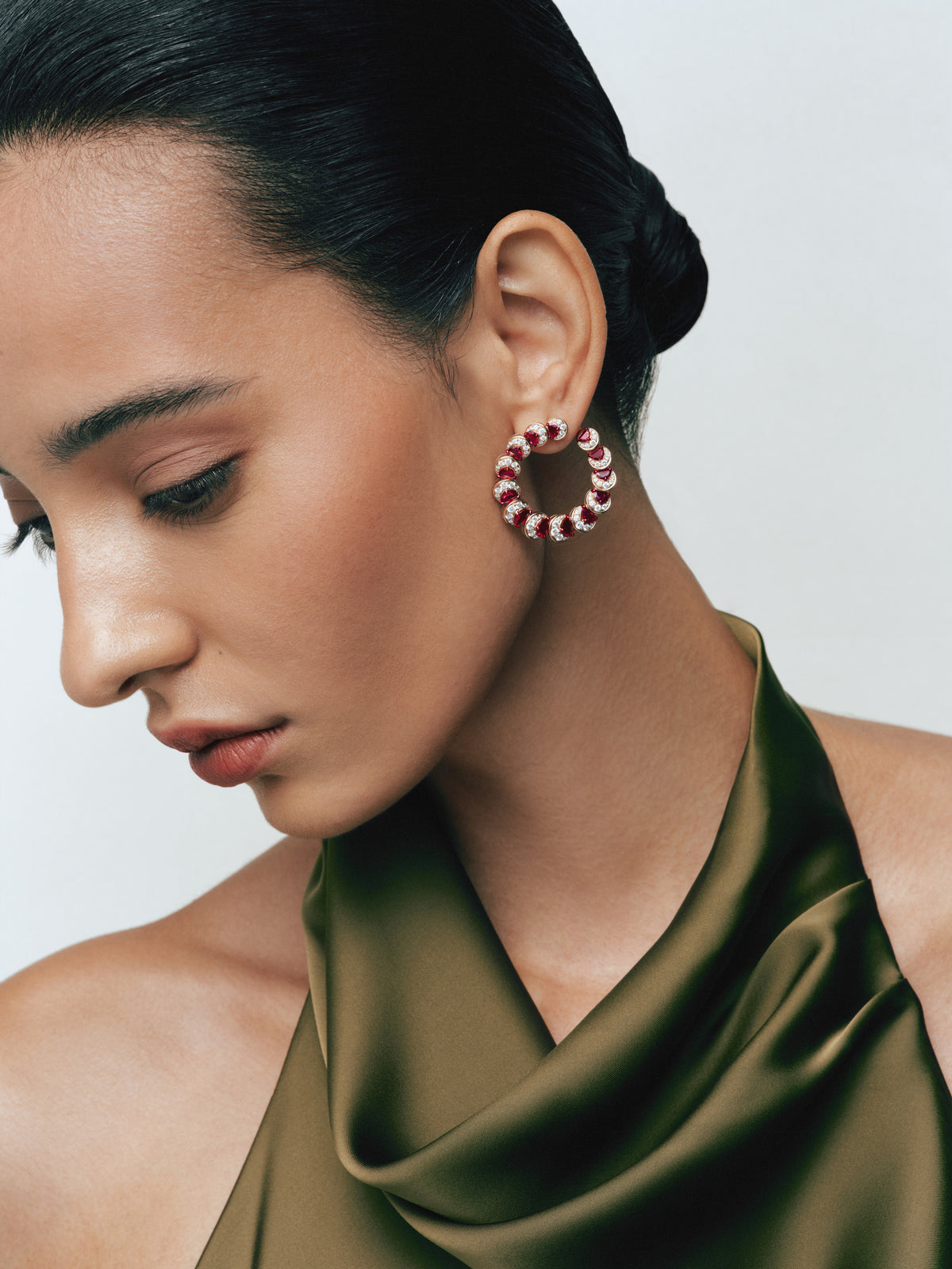 Ruby Crescent Hoop Earrings, worn