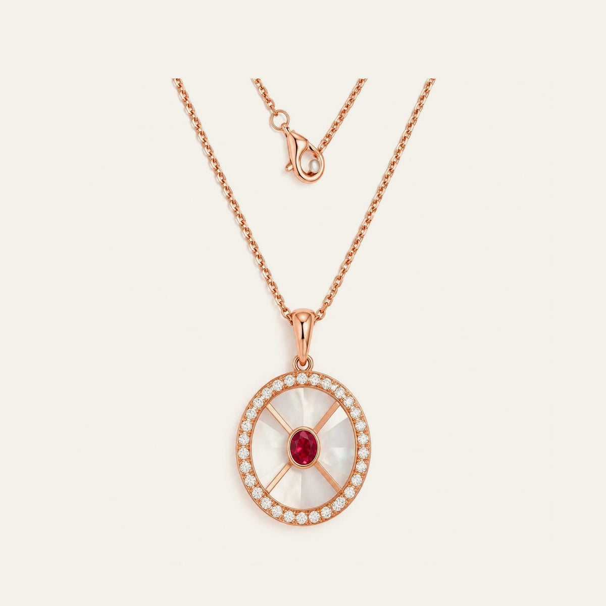 Ruby Circle Pendant in 18K rose gold with rubies, crystal and diamonds