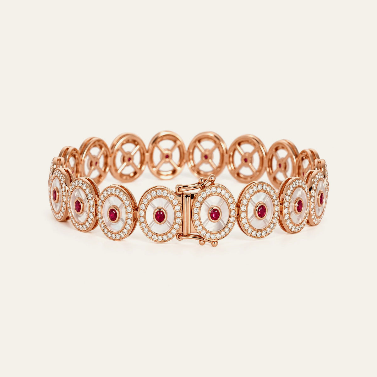 Ruby Circle Tennis Bracelet in 18K rose gold with rubies, crystal and diamonds