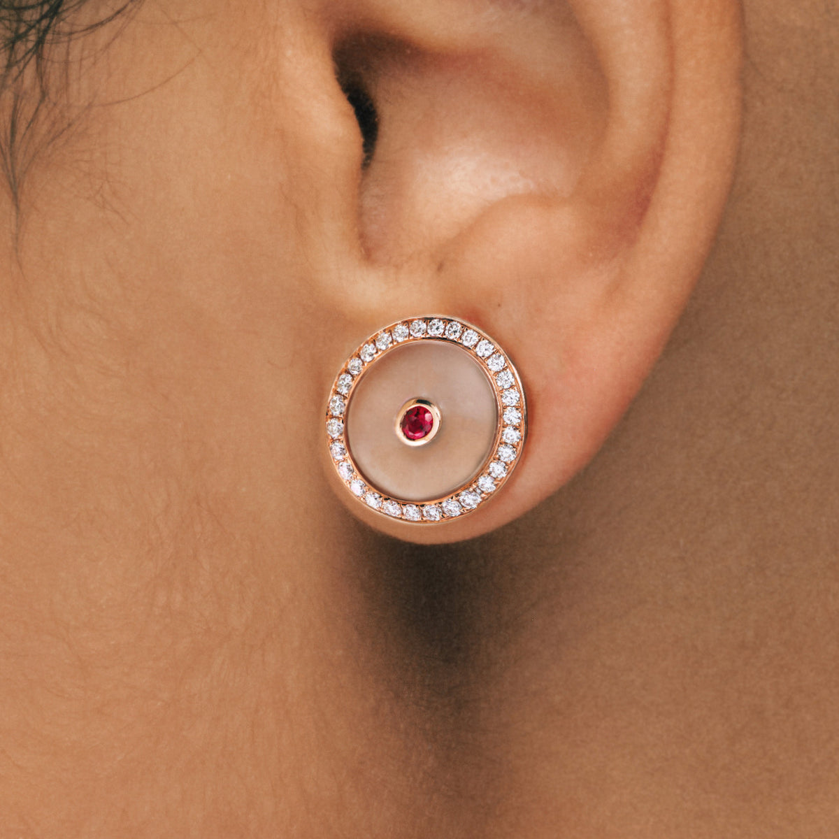 Ruby Circle Stud Earrings, close-up