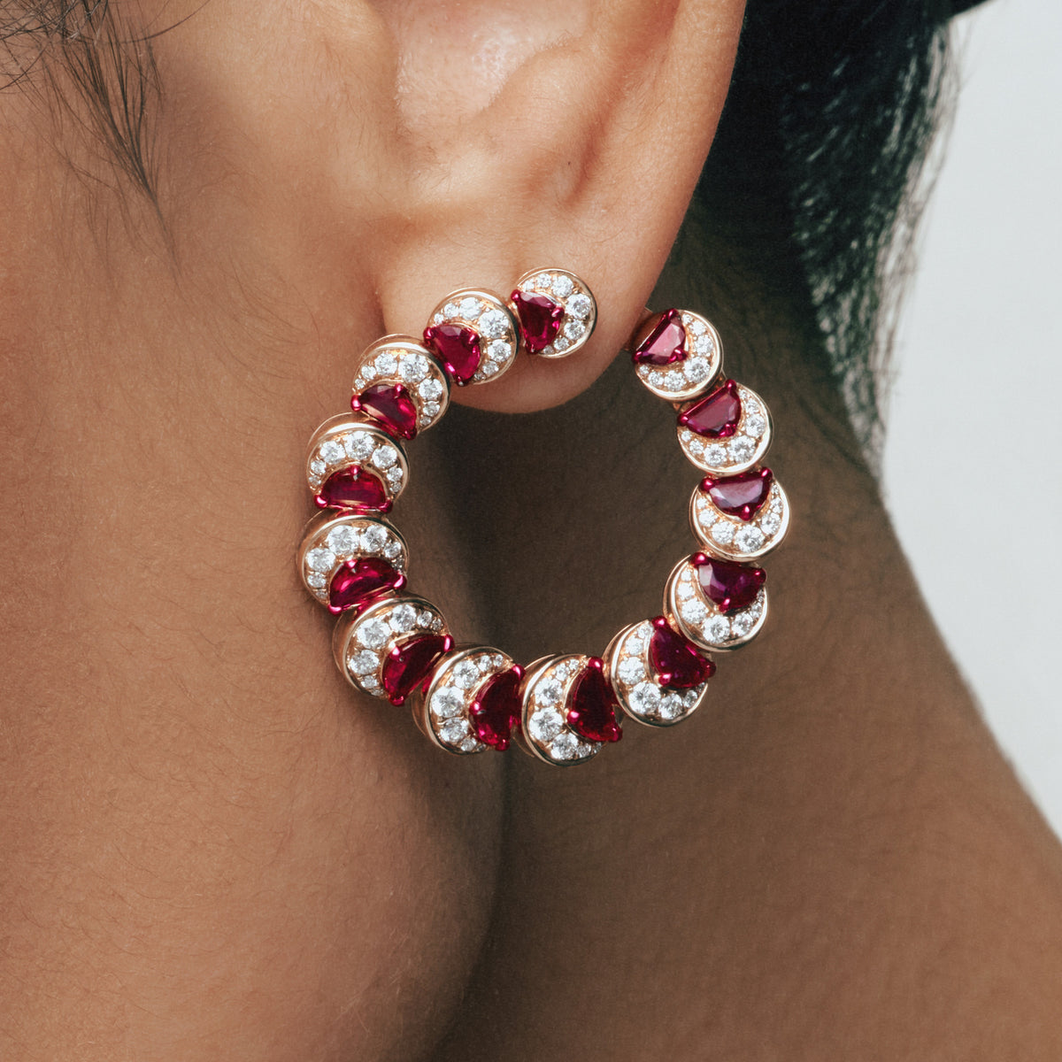 Ruby Crescent Hoop Earrings, close-up