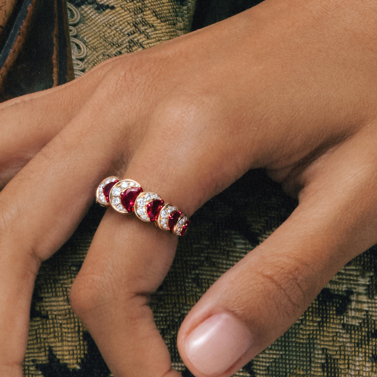 Ruby Crescent Ring, close-up