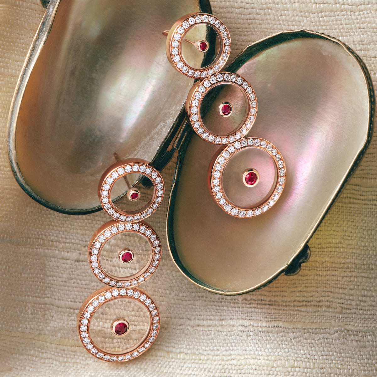Ruby Graduated Circle Drop Earrings, close-up