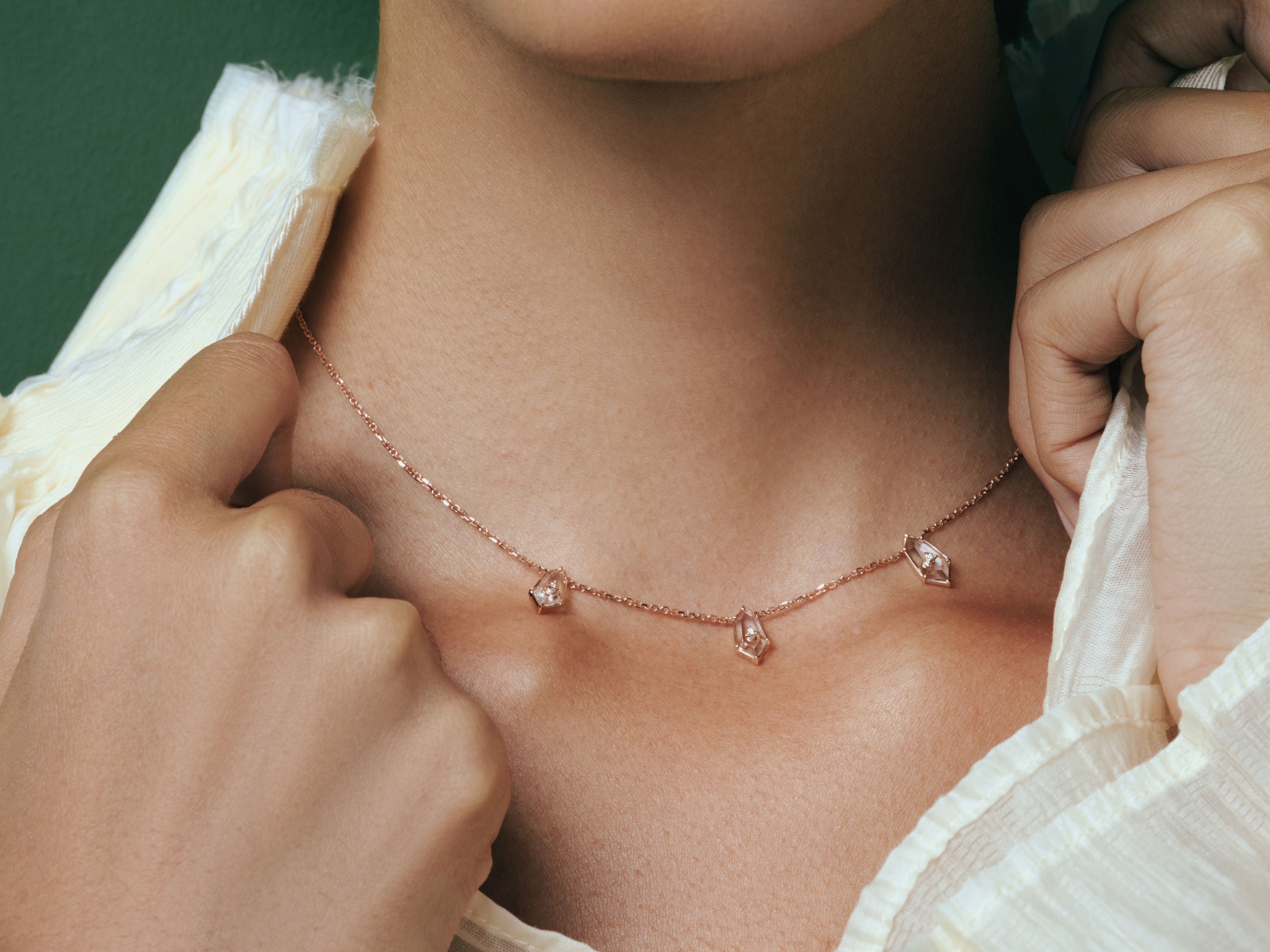 Crystal Prisme Pendant Necklace worn at the collarbone