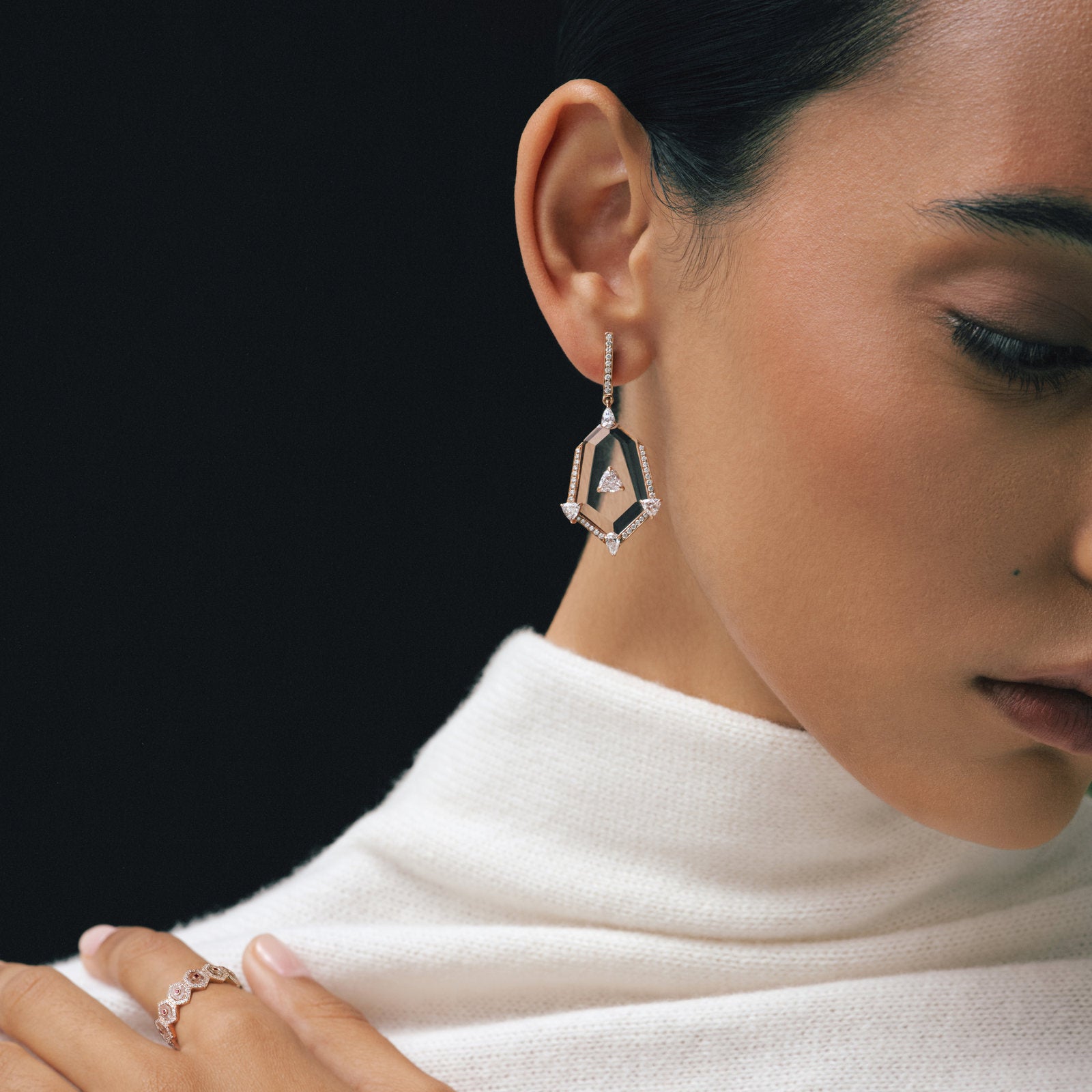 Model wearing the Crystal Prisme Statement Drop Earrings