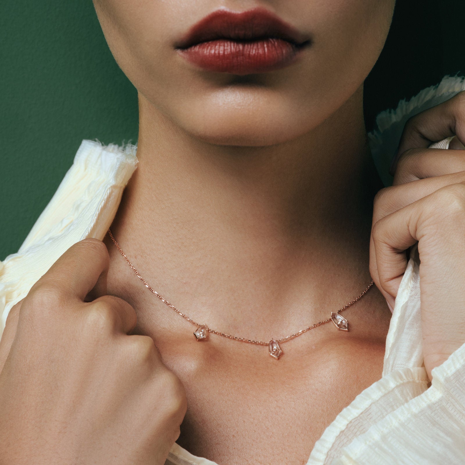 Crystal Prisme Pendant Necklace worn at the collarbone