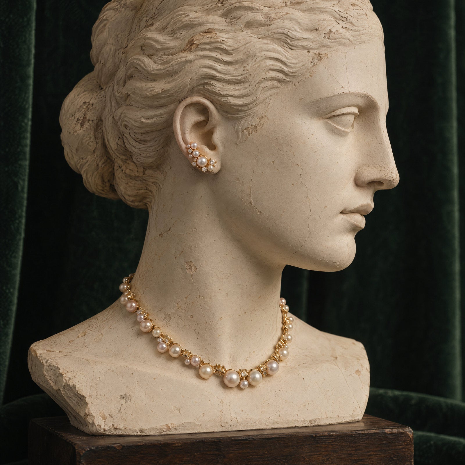 Plaster bust wearing the Pearl C-Shape Earrings and Pearl Cluster Necklace