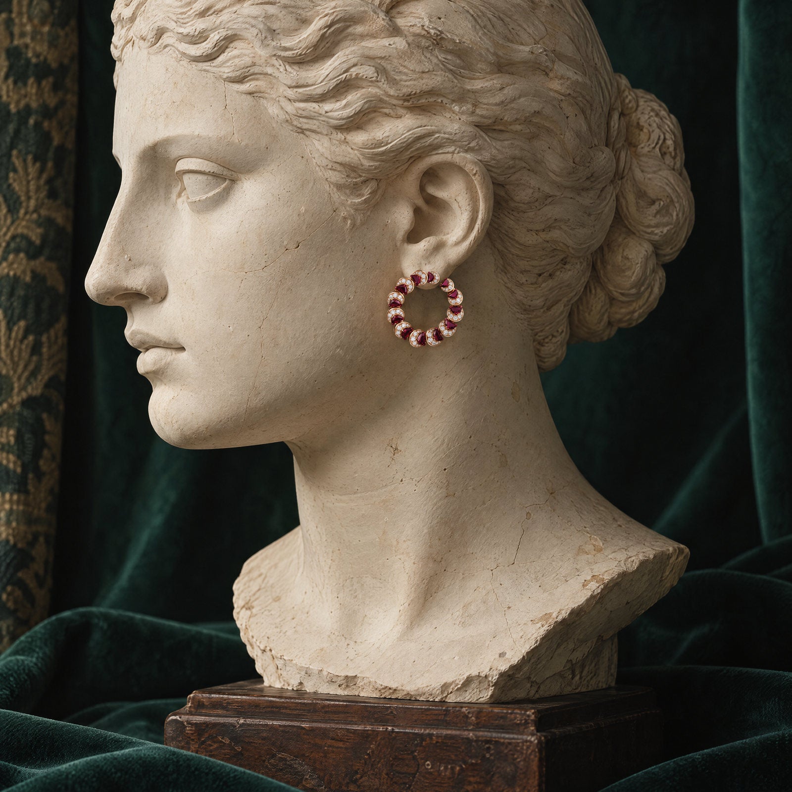 Plaster bust wearing the Ruby Crescent Hoop Earrings