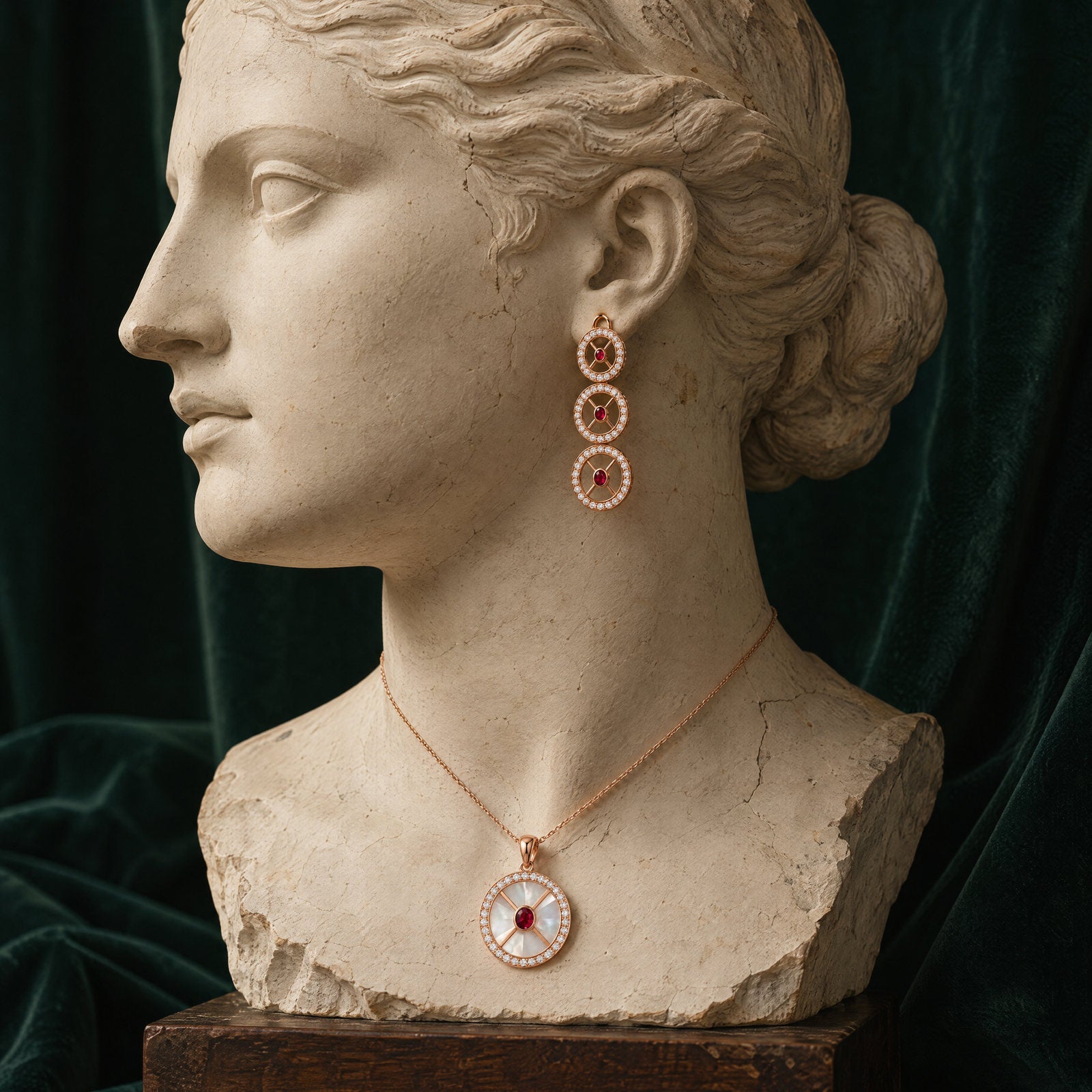 Plaster bust wearing the Ruby Graduated Circle Drop Earrings and Ruby Circle Pendant