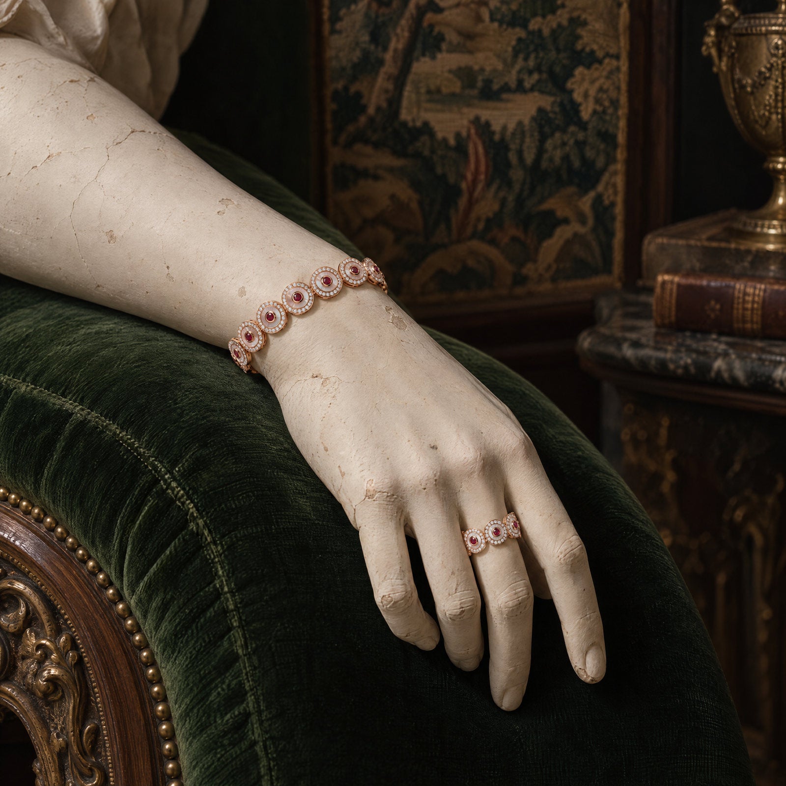 Plaster hand wearing the Ruby Circle Eternity Ring and Ruby Circle Tennis Bracelet